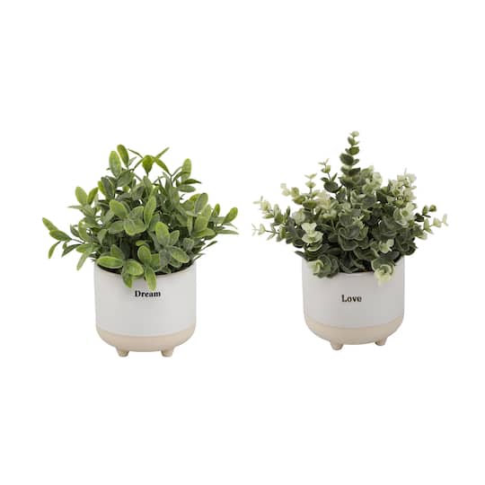 Flora Bunda® 4.75" Eucalyptus In Tea Leaf In Dream Ceramic & Love Text Footed Set in White | 6.5" x 6.5" x 9.5" | Michaels®